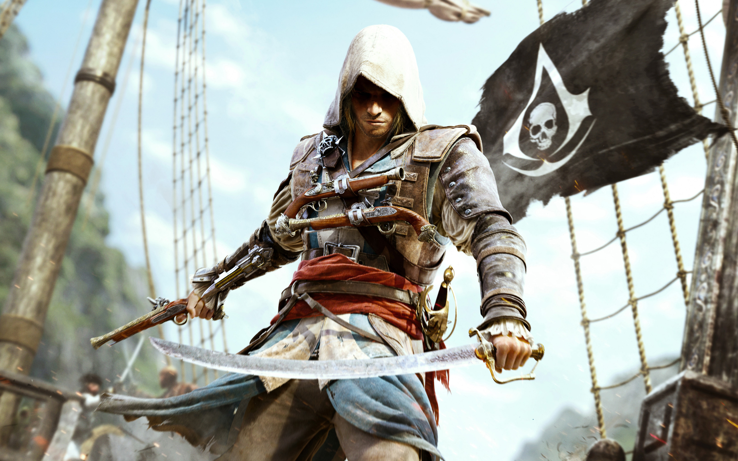 Edward Kenway armé de pistolets sur le pont d'un navire pirate