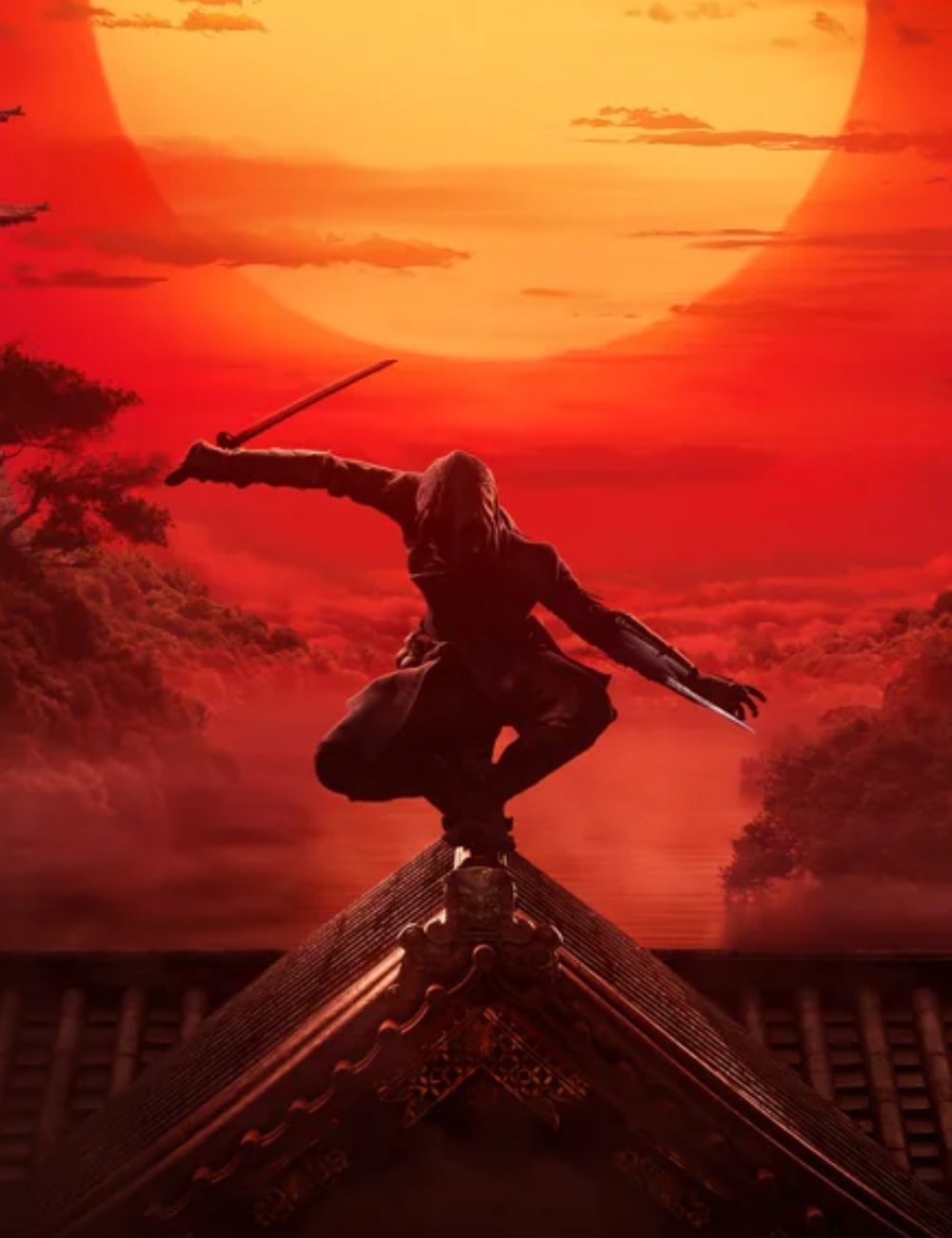 Silhouette d'un Assassin Shinobi sur un toit au Japon féodal devant un soleil rouge
