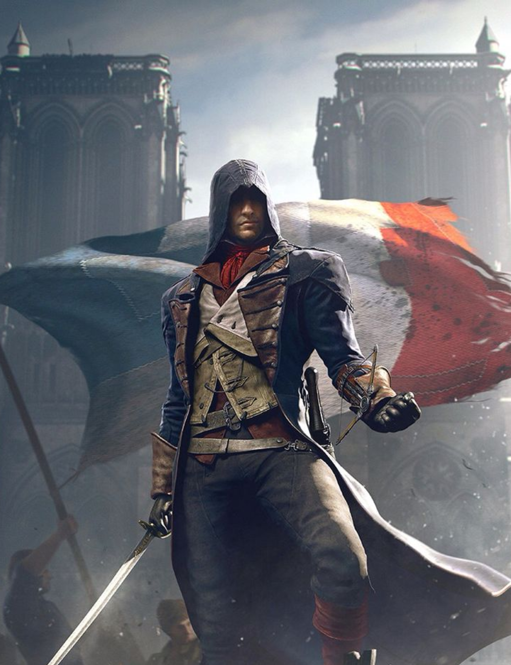 Arno Dorian devant un drapeau français déchiré et Notre-Dame durant la Révolution