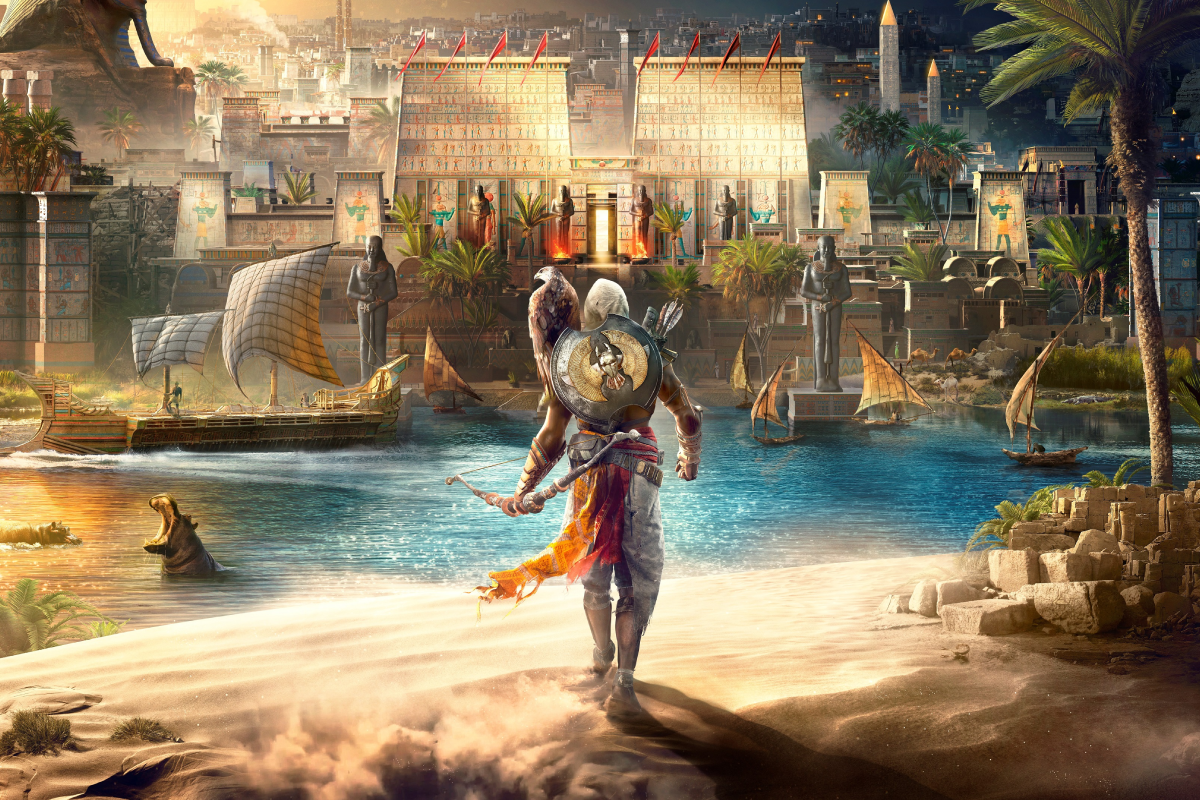 Bayek de Siwa marchant vers un temple égyptien au bord du Nil