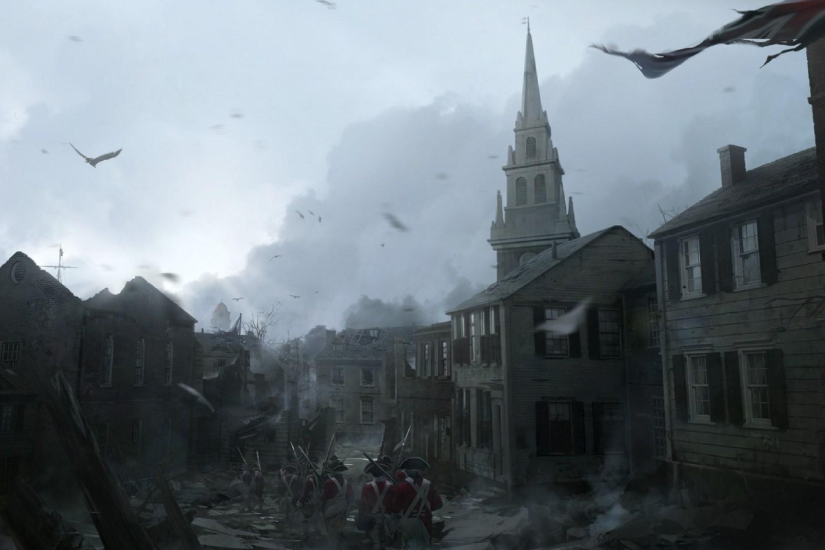 Soldats britanniques marchant dans les rues d'une ville coloniale dévastée