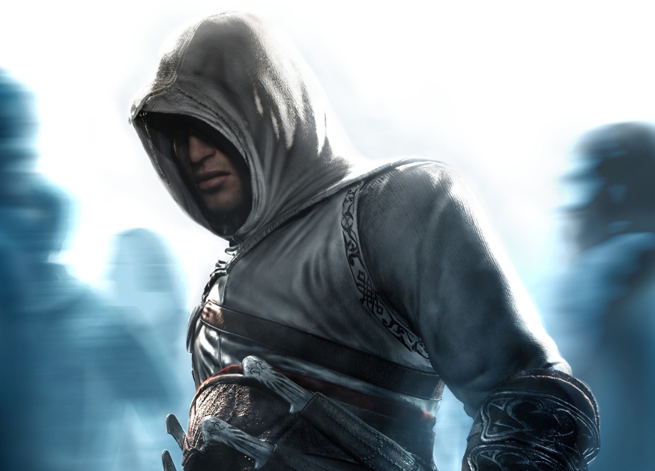 Portrait d'Altaïr Ibn-La'Ahad, capuchon blanc rabattu sur le visage