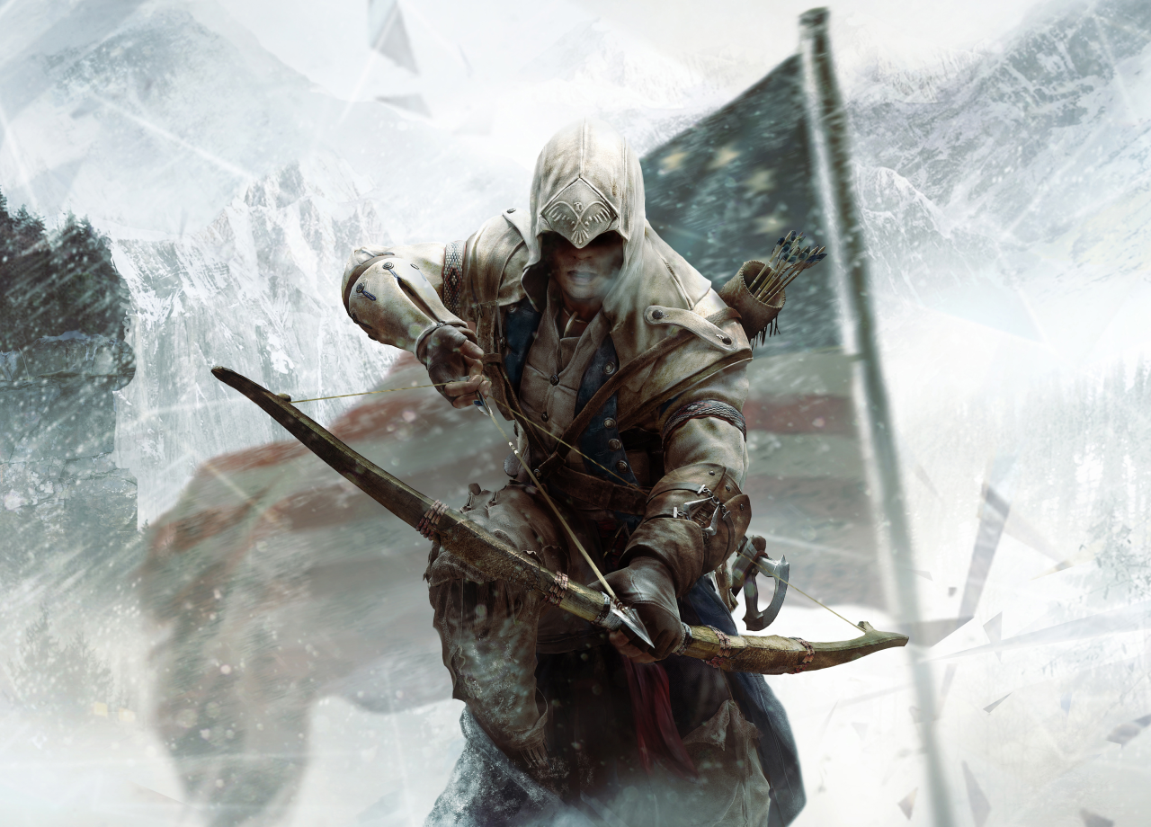Connor Kenway tenant un arc avec le drapeau américain en fond