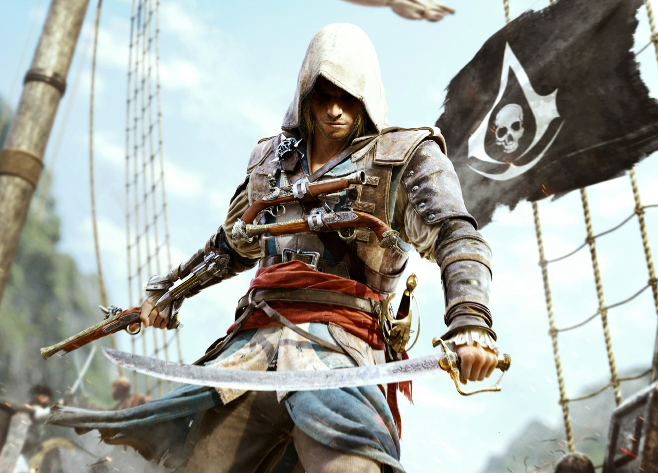 Edward Kenway armé de sabres et pistolets sur son navire